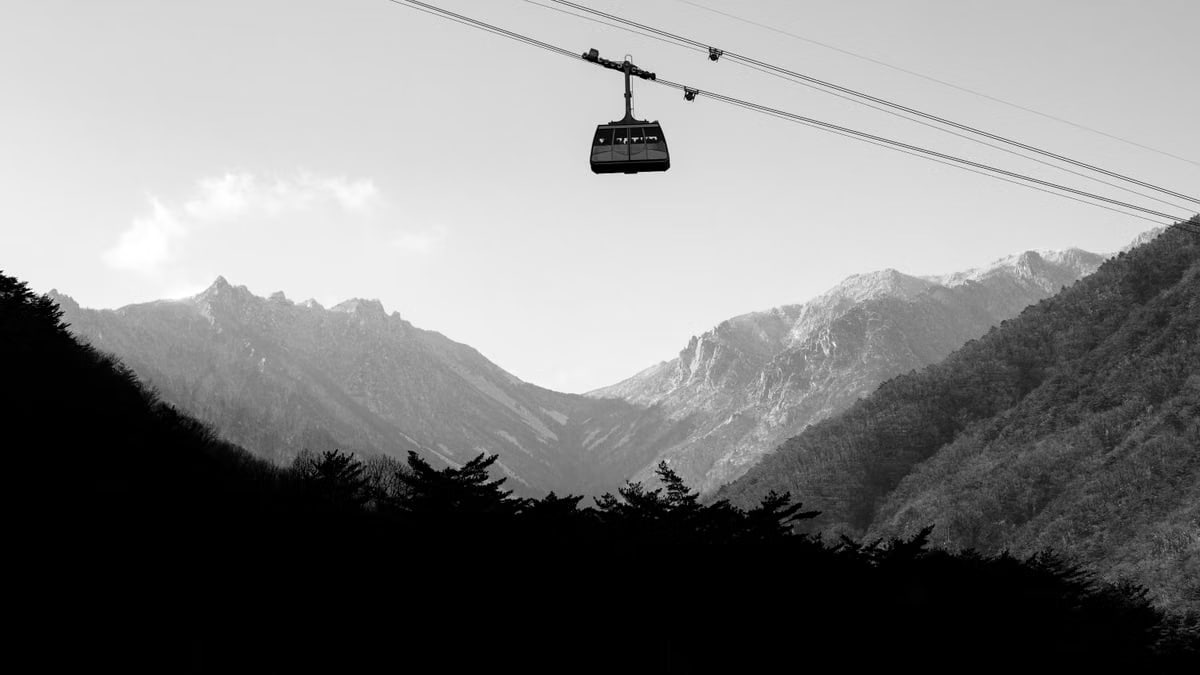 Stunning black and white photo of a cable car against mountainous scenery.